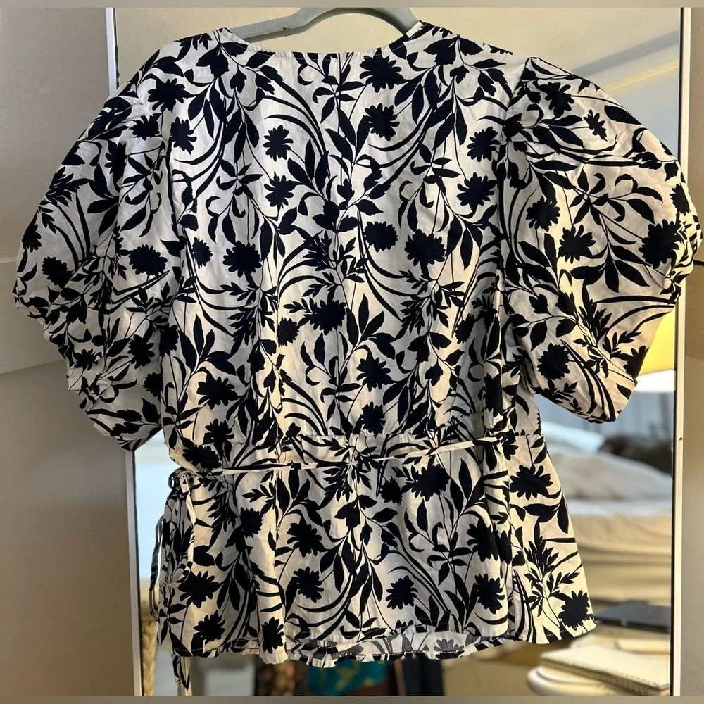 NEW Navy Blue & White Cotton Waist-Defined Puff-Sleeve Tie-Wrap Blouse 3X